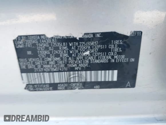 ✅ 2011 Toyota RAV4 • VIN: 2T3ZF4DV1BW074318 • Lot: 43599326. Listed on IAAI with 223,961 mi. Free auction sales archive from the USA and detailed vehicle history report at DreamBid. Image 9.