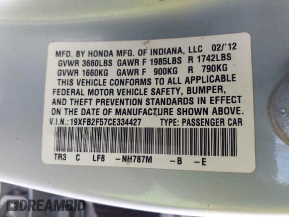✅ 2012 Honda Civic LX • VIN: 19XFB2F57CE334427 • Lot: 43508455. Wystawiony na IAAI z przebiegiem 162 864 mil. Bezpłatny archiwum sprzedaży aukcyjnych z USA i szczegółowy raport historii pojazdu na DreamBid. Zdjęcie 9.