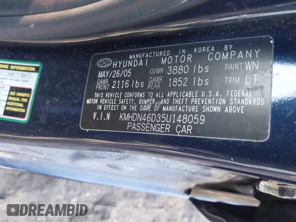 ✅ 2005 Hyundai Elantra GLS • VIN: KMHDN46D35U148059 • Лот: 41431029. Опубликован ранее на IAAI с пробегом Не указан. Бесплатный доступ к архиву аукционных продаж из США и подробный отчёт об истории автомобиля на DreamBid. Изображение 9.