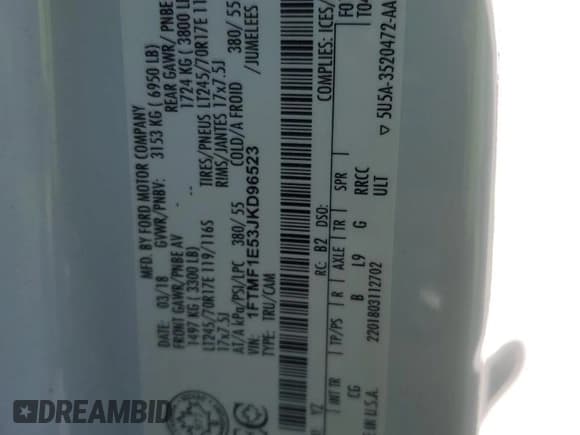 ✅ 2018 Ford F-150 XL • VIN: 1FTMF1E53JKD96523 • Лот: 92186665. Опубликован ранее на Copart с пробегом 94 798 миль. Бесплатный доступ к архиву аукционных продаж из США и подробный отчёт об истории автомобиля на DreamBid. Изображение 12.