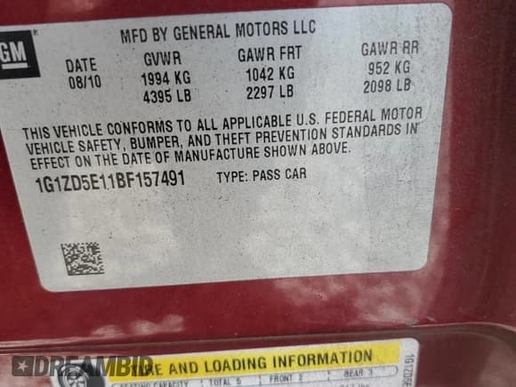 ✅ 2011 Chevrolet Malibu 2LT • VIN: 1G1ZD5E11BF157491 • Lot: 68851124. Listed on Copart with Not provided. Free auction sales archive from the USA and detailed vehicle history report at DreamBid. Image 13.