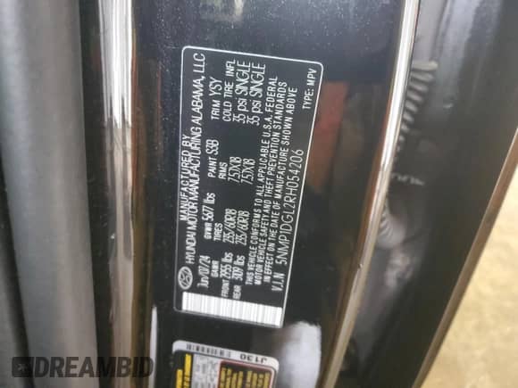 2024 Hyundai Santa Fe SE с VIN 5NMP1DGL2RH054206, выставлен на аукционе Copart как лот 86749154 с пробегом 3 690 миль миль и Списание • Salvage title. История ставок и продаж доступна на DreamBid. Изображение 14.