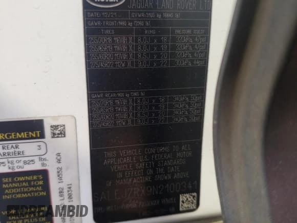 ✅ 2022 Land Rover Defender S • VIN: SALEJ7RX9N2100341 • Lot: 71466055. Wystawiony na Copart z przebiegiem 78 197 mil. Bezpłatny archiwum sprzedaży aukcyjnych z USA i szczegółowy raport historii pojazdu na DreamBid. Zdjęcie 13.