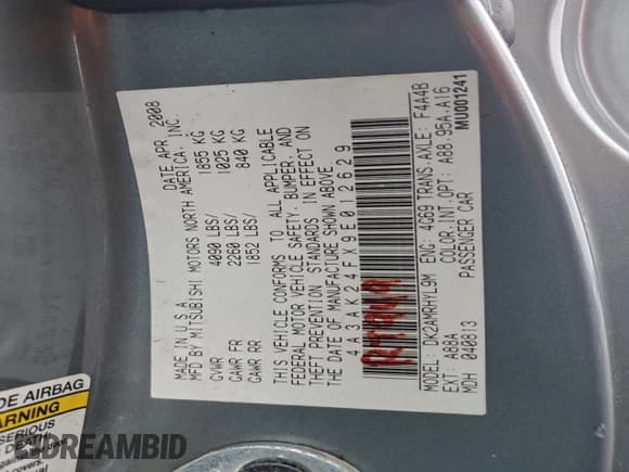 ✅ 2009 Mitsubishi Eclipse GS • VIN: 4A3AK24FX9E012629 • Lot: 94321145. Listed on Copart with 166,637 mi. Free auction sales archive from the USA and detailed vehicle history report at DreamBid. Image 12.