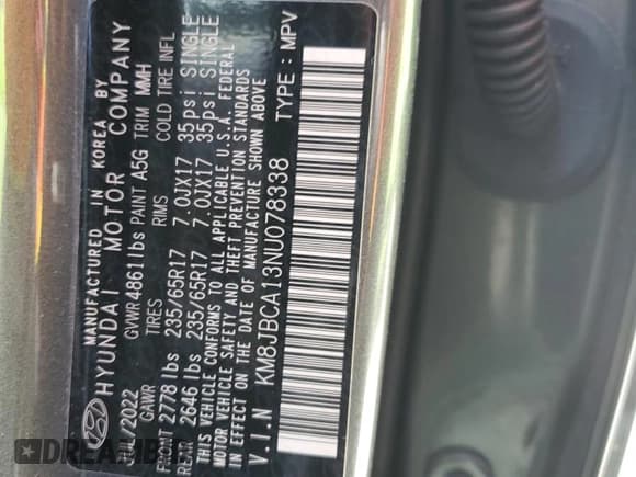 ✅ 2022 Hyundai Tucson Blue • VIN: KM8JBCA13NU078338 • Lot: 76901004. Wystawiony na Copart z przebiegiem 37 351 mil. Bezpłatny archiwum sprzedaży aukcyjnych z USA i szczegółowy raport historii pojazdu na DreamBid. Zdjęcie 14.