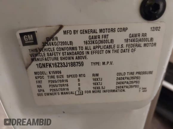 ✅ 2003 Chevrolet Suburban LS • VIN: 1GNFK16Z33J188759 • Лот: 42483415. Опубликован ранее на IAAI с пробегом 166 979 миль. Бесплатный доступ к архиву аукционных продаж из США и подробный отчёт об истории автомобиля на DreamBid. Изображение 9.