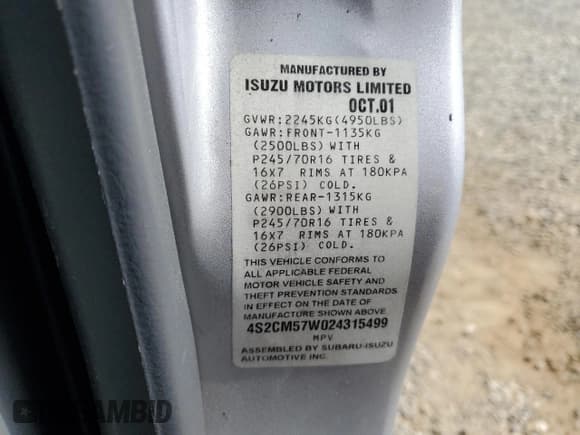 ✅ 2002 Isuzu Rodeo • VIN: 4S2CM57W024315499 • Лот: 75885194. Опубликован ранее на Copart с пробегом 183 425 миль. Бесплатный доступ к архиву аукционных продаж из США и подробный отчёт об истории автомобиля на DreamBid. Изображение 13.