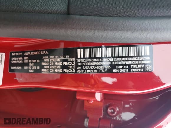 ✅ 2024 Alfa Romeo Stelvio Sprint • VIN: ZASPAKAN4R7D77265 • Lot: 85761025. Wystawiony na Copart z przebiegiem 4 424 mil. Bezpłatny archiwum sprzedaży aukcyjnych z USA i szczegółowy raport historii pojazdu na DreamBid. Zdjęcie 13.