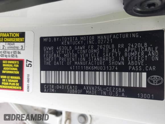 2021 Toyota Camry SE с VIN 4T1T11BK6MU031374, выставлен на аукционе IAAI как лот 42458111 с пробегом 114 186 миль миль и . История ставок и продаж доступна на DreamBid. Изображение 9.