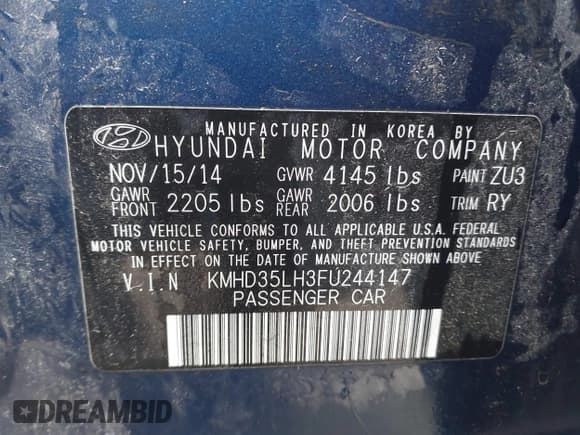 ✅ 2015 Hyundai Elantra • VIN: KMHD35LH3FU244147 • Lot: 43492301. Listed on IAAI with 132,073 mi. Free auction sales archive from the USA and detailed vehicle history report at DreamBid. Image 9.
