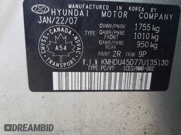 2007 Hyundai Elantra GLS z VIN KMHDU45D77U135130, wystawiony jako Copart lot #68727154 z przebiegiem 148 943 mil mil oraz Szkoda całkowita • Salvage title. Historia ofert i sprzedaży dostępna na DreamBid. Obrazek 12.