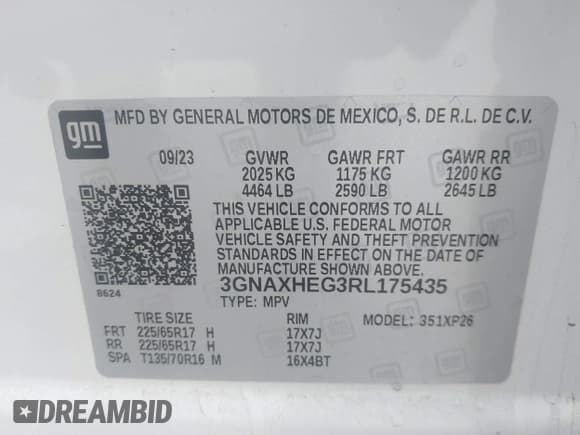 ✅ 2024 Chevrolet Equinox LS • VIN: 3GNAXHEG3RL175435 • Lot: 43296532. Listed on IAAI with 28,245 mi. Free auction sales archive from the USA and detailed vehicle history report at DreamBid. Image 9.
