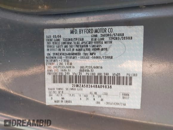 ✅ 2004 Ford Freestar Limited • VIN: 2FMZA58264BA89838 • Lot: 43238958. Listed on IAAI with 233,573 mi. Free auction sales archive from the USA and detailed vehicle history report at DreamBid. Image 9.