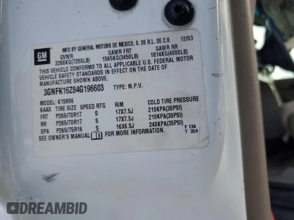 ✅ 2004 Chevrolet Suburban Z71 • VIN: 3GNFK16Z84G196603 • Lot: 45310915. Wystawiony na Copart z przebiegiem Nie podano. Bezpłatny archiwum sprzedaży aukcyjnych z USA i szczegółowy raport historii pojazdu na DreamBid. Zdjęcie 14.