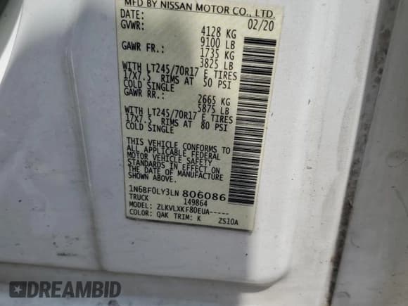 ✅ 2020 Nissan NV Cargo SV • VIN: 1N6BF0LY3LN806086 • Lot: 61250775. Wystawiony na Copart z przebiegiem Nie podano. Bezpłatny archiwum sprzedaży aukcyjnych z USA i szczegółowy raport historii pojazdu na DreamBid. Zdjęcie 13.