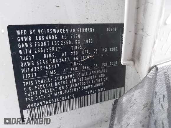 ✅ 2018 Volkswagen Tiguan • VIN: WVGAV7AX9JK004415 • Лот: 41533990. Опубликован ранее на IAAI с пробегом 69 856 миль. Бесплатный доступ к архиву аукционных продаж из США и подробный отчёт об истории автомобиля на DreamBid. Изображение 9.