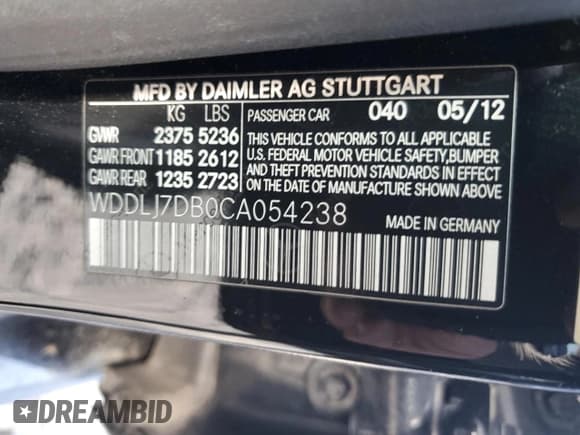 ✅ 2012 Mercedes-Benz CLS 550 • VIN: WDDLJ7DB0CA054238 • Lot: 51993655. Listed on Copart with 179,943 mi. Free auction sales archive from the USA and detailed vehicle history report at DreamBid. Image 12.