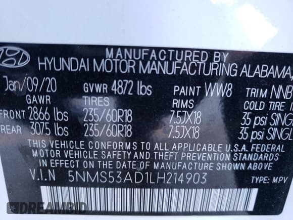 ✅ 2020 Hyundai Santa Fe Limited • VIN: 5NMS53AD1LH214903 • Лот: 38007813. Опубликован ранее на Copart с пробегом 20 304 миль. Бесплатный доступ к архиву аукционных продаж из США и подробный отчёт об истории автомобиля на DreamBid. Изображение 13.