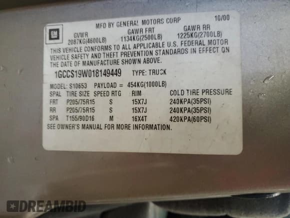 ✅ 2001 Chevrolet S-10 LS • VIN: 1GCCS19W018149449 • Лот: 83950024. Опубликован ранее на Copart с пробегом 94 150 миль. Бесплатный доступ к архиву аукционных продаж из США и подробный отчёт об истории автомобиля на DreamBid. Изображение 14.