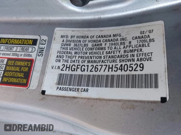 ✅ 2007 Honda Civic LX • VIN: 2HGFG12677H540529 • Lot: 43722327. Listed on IAAI with 133,200 mi. Free auction sales archive from the USA and detailed vehicle history report at DreamBid. Image 9.