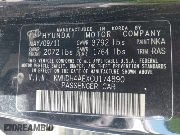 ✅ 2012 Hyundai Elantra Limited • VIN: KMHDH4AEXCU174890 • Lot: 42788457. Listed on IAAI with 154,352 mi. Free auction sales archive from the USA and detailed vehicle history report at DreamBid. Image 9.
