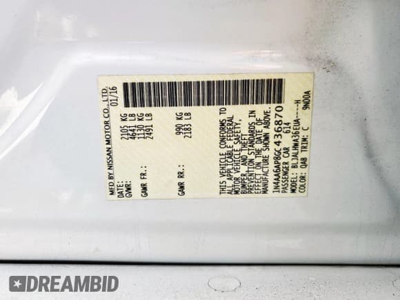 ✅ 2016 Nissan Maxima SL • VIN: 1N4AA6AP8GC436870 • Lot: 91813665. Listed on Copart with 95,203 mi. Free auction sales archive from the USA and detailed vehicle history report at DreamBid. Image 12.