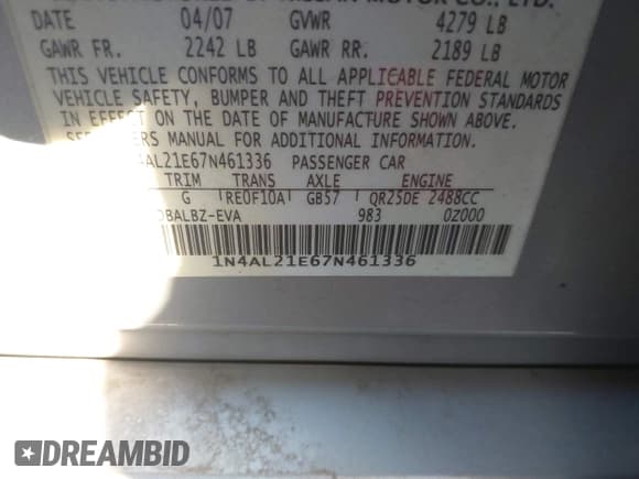 ✅ 2007 Nissan Altima S • VIN: 1N4AL21E67N461336 • Lot: 43610011. Listed on IAAI with 183,707 mi. Free auction sales archive from the USA and detailed vehicle history report at DreamBid. Image 9.