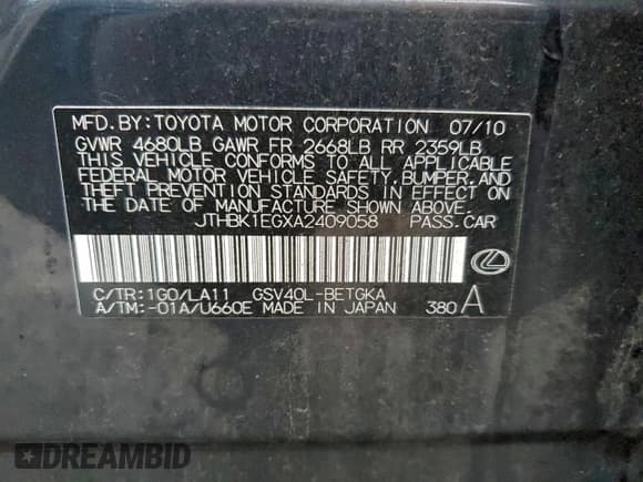 ✅ 2010 Lexus ES 330 • VIN: JTHBK1EGXA2409058 • Лот: 94036195. Опубликован ранее на Copart с пробегом Не указан. Бесплатный доступ к архиву аукционных продаж из США и подробный отчёт об истории автомобиля на DreamBid. Изображение 13.