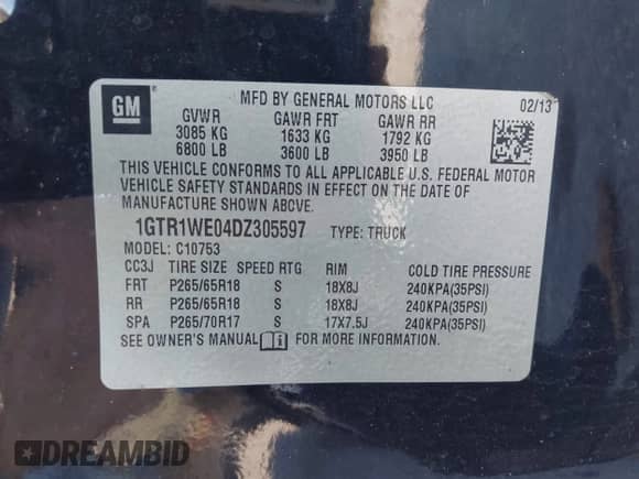 2013 GMC Sierra 1500 with VIN 1GTR1WE04DZ305597, listed as a IAAI auction lot 43610833 with 225,625 mi miles and . Bid and sale history available at DreamBid. Image 9.