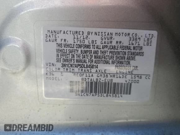 ✅ 2013 Nissan Versa S Plus • VIN: 3N1CN7AP5DL845814 • Lot: 63907485. Wystawiony na Copart z przebiegiem 114 030 mil. Bezpłatny archiwum sprzedaży aukcyjnych z USA i szczegółowy raport historii pojazdu na DreamBid. Zdjęcie 12.