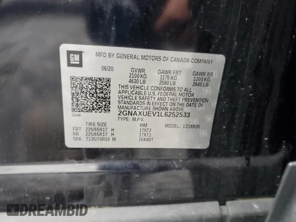 ✅ 2020 Chevrolet Equinox LT • VIN: 2GNAXUEV1L6252533 • Лот: 81320735. Опубликован ранее на Copart с пробегом 41 165 миль. Бесплатный доступ к архиву аукционных продаж из США и подробный отчёт об истории автомобиля на DreamBid. Изображение 14.