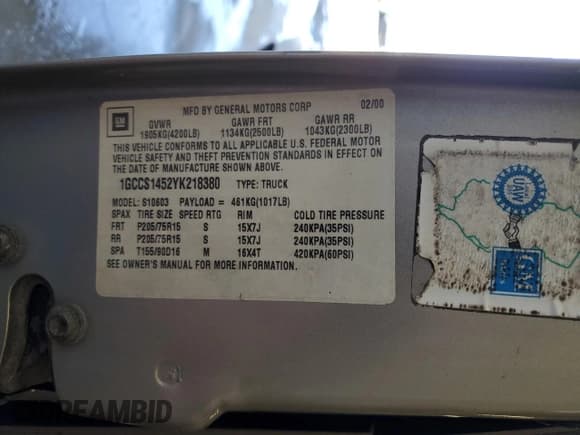 ✅ 2000 Chevrolet S-10 • VIN: 1GCCS1452YK218380 • Лот: 48344505. Опубликован ранее на Copart с пробегом 158 602 миль. Бесплатный доступ к архиву аукционных продаж из США и подробный отчёт об истории автомобиля на DreamBid. Изображение 12.