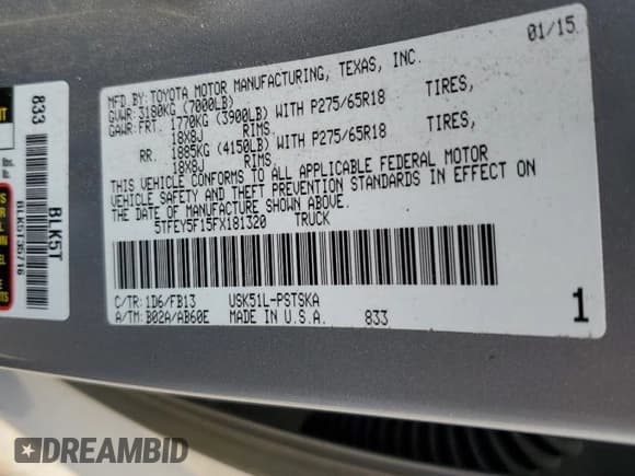 ✅ 2015 Toyota Tundra SR5 • VIN: 5TFEY5F15FX181320 • Lot: 65057595. Listed on Copart with 230,359 mi. Free auction sales archive from the USA and detailed vehicle history report at DreamBid. Image 12.