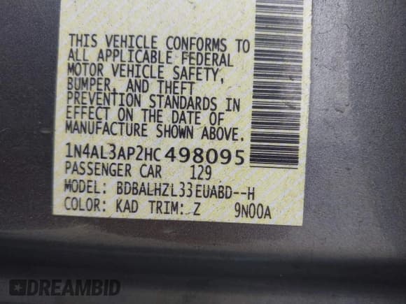 ✅ 2017 Nissan Altima SL • VIN: 1N4AL3AP2HC498095 • Lot: 42453384. Listed on IAAI with 138,736 mi. Free auction sales archive from the USA and detailed vehicle history report at DreamBid. Image 9.