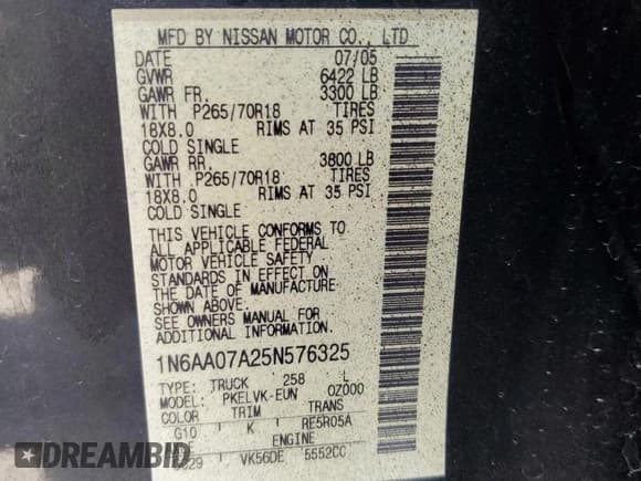 ✅ 2005 Nissan Titan XE • VIN: 1N6AA07A25N576325 • Лот: 60102785. Опубликован ранее на Copart с пробегом 125 804 миль. Бесплатный доступ к архиву аукционных продаж из США и подробный отчёт об истории автомобиля на DreamBid. Изображение 12.