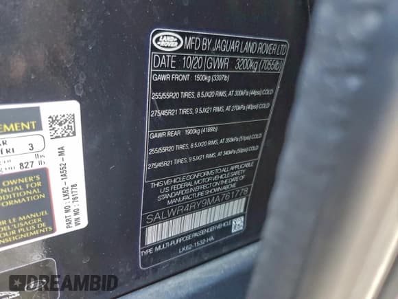 ✅ 2021 Land Rover Range Rover Sport • VIN: SALWR4RY9MA761778 • Lot: 96009085. Listed on Copart with 41,294 mi. Free auction sales archive from the USA and detailed vehicle history report at DreamBid. Image 13.