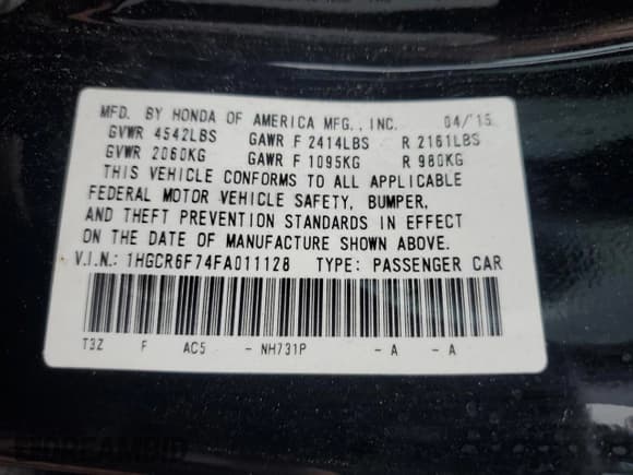 ✅ 2015 Honda Accord Touring • VIN: 1HGCR6F74FA011128 • Лот: 65620215. Опубликован ранее на Copart с пробегом Не указан. Бесплатный доступ к архиву аукционных продаж из США и подробный отчёт об истории автомобиля на DreamBid. Изображение 15.