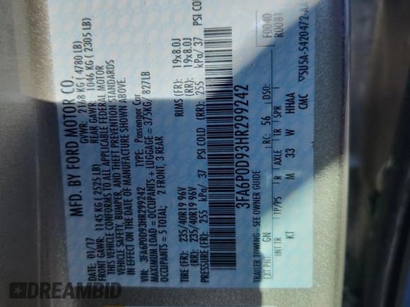 ✅ 2017 Ford Fusion Titanium • VIN: 3FA6P0D93HR299242 • Лот: 90472725. Опубликован ранее на Copart с пробегом 26 770 миль. Бесплатный доступ к архиву аукционных продаж из США и подробный отчёт об истории автомобиля на DreamBid. Изображение 12.