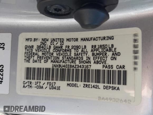 ✅ 2010 Toyota Corolla LE • VIN: 1NXBU4EE8AZ343167 • Lot: 43509853. Listed on IAAI with 129,474 mi. Free auction sales archive from the USA and detailed vehicle history report at DreamBid. Image 9.