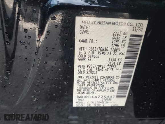 ✅ 2020 Nissan Frontier Pro-4X • VIN: 1N6ED0EB4LN725447 • Lot: 43610007. Listed on IAAI with 40,905 mi. Free auction sales archive from the USA and detailed vehicle history report at DreamBid. Image 9.