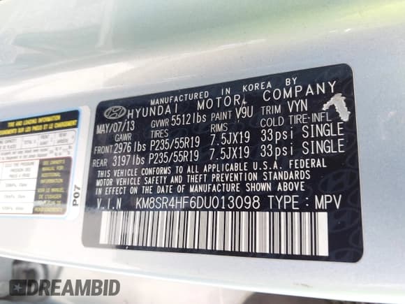 ✅ 2013 Hyundai Santa Fe Limited • VIN: KM8SR4HF6DU013098 • Лот: 43438880. Опубликован ранее на IAAI с пробегом 106 921 миль. Бесплатный доступ к архиву аукционных продаж из США и подробный отчёт об истории автомобиля на DreamBid. Изображение 9.