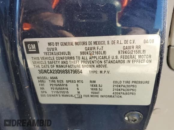 ✅ 2008 Chevrolet HHR LT • VIN: 3GNCA23D98S679654 • Lot: 83203054. Listed on Copart with 130,038 mi. Free auction sales archive from the USA and detailed vehicle history report at DreamBid. Image 13.