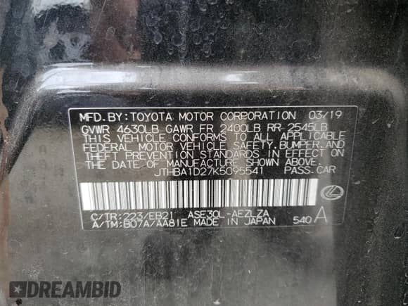 2019 Lexus IS 300 z VIN JTHBA1D27K5095541, wystawiony jako Copart lot #84733505 z przebiegiem 56 177 mil mil oraz Szkoda całkowita • Salvage title. Historia ofert i sprzedaży dostępna na DreamBid. Obrazek 12.