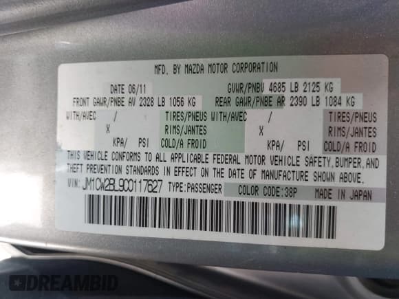 ✅ 2012 Mazda 5 Sport • VIN: JM1CW2BL9C0117627 • Lot: 42403991. Listed on IAAI with 124,239 mi. Free auction sales archive from the USA and detailed vehicle history report at DreamBid. Image 9.