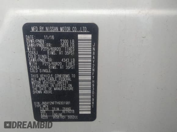 ✅ 2017 Nissan Armada Platinum • VIN: JN8AY2NF7H9301981 • Lot: 42356700. Listed on IAAI with 181,724 mi. Free auction sales archive from the USA and detailed vehicle history report at DreamBid. Image 9.