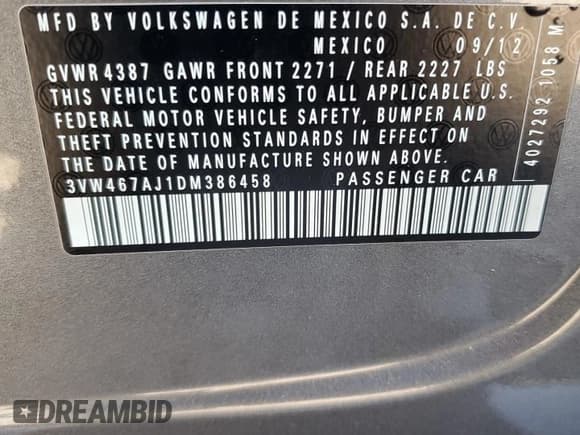 ✅ 2013 Volkswagen Jetta Autobahn • VIN: 3VW467AJ1DM386458 • Lot: 90888895. Listed on Copart with 110,743 mi. Free auction sales archive from the USA and detailed vehicle history report at DreamBid. Image 12.