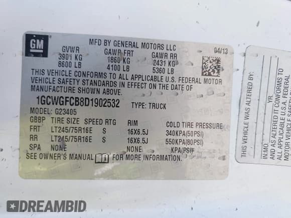 ✅ 2013 Chevrolet Express Cargo • VIN: 1GCWGFCB8D1902532 • Lot: 42452764. Wystawiony na IAAI z przebiegiem 95 113 mil. Bezpłatny archiwum sprzedaży aukcyjnych z USA i szczegółowy raport historii pojazdu na DreamBid. Zdjęcie 9.