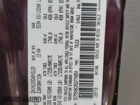 ✅ 2005 Dodge 3500 SLT • VIN: 3D7MS48C05G774954 • Lot: 58351995. Listed on Copart with 390,799 mi. Free auction sales archive from the USA and detailed vehicle history report at DreamBid. Image 12.