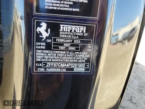 ✅ 2023 Ferrari 812 • VIN: ZFF97CMA4P0291900 • Lot: 79102854. Listed on Copart with 1,279 mi. Free auction sales archive from the USA and detailed vehicle history report at DreamBid. Image 13.