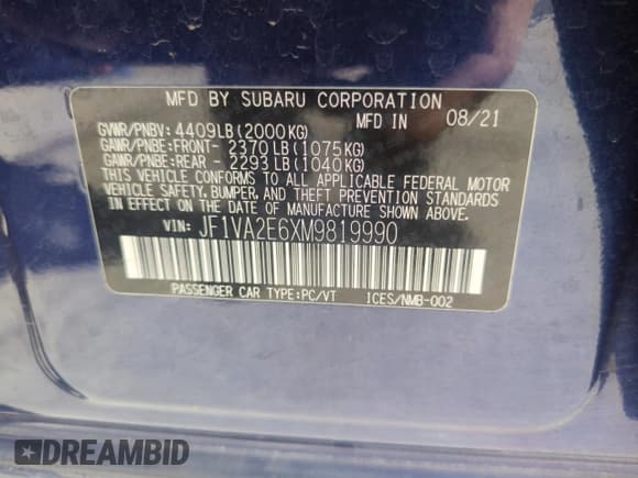 ✅ 2021 Subaru WRX STI • VIN: JF1VA2E6XM9819990 • Лот: 52006905. Опубликован ранее на Copart с пробегом Не указан. Бесплатный доступ к архиву аукционных продаж из США и подробный отчёт об истории автомобиля на DreamBid. Изображение 13.